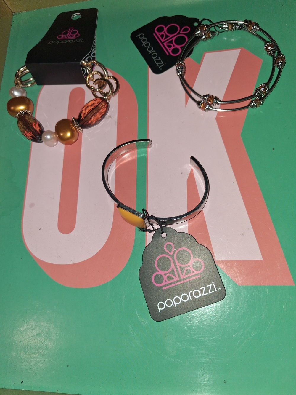 Paparazzi Gold and Amber Beaded Statement Bracelet 3 Piece Set